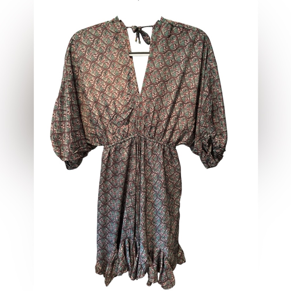 Karma Highway Boho Paisley Tassel Tie Mini Dress One Size Balloon Sleeve